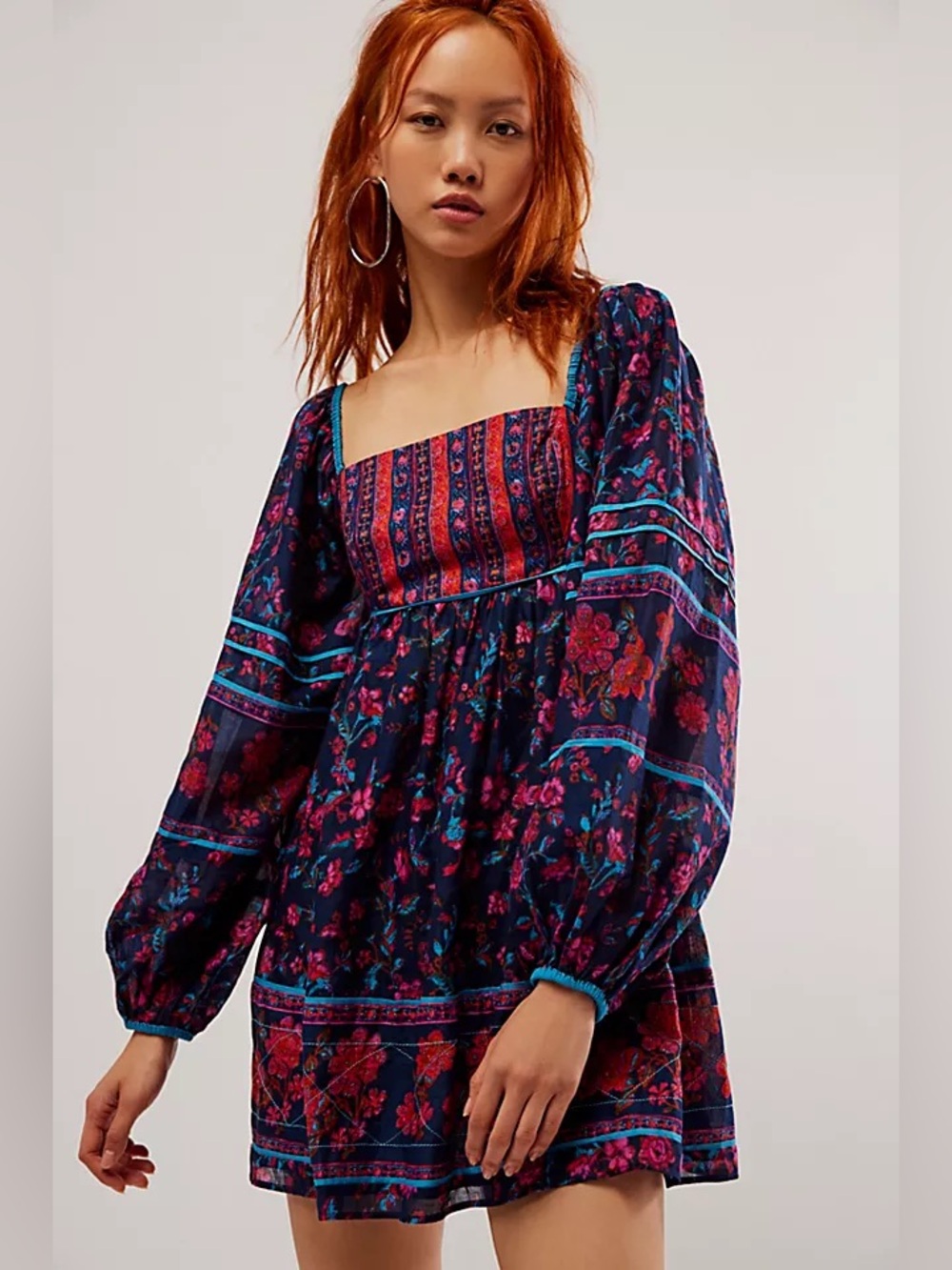 Free People Endless Afternoon Dark Floral Square Neck Babydoll Mini Dress Boho